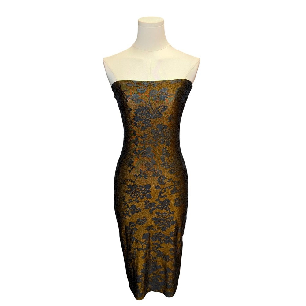 Cameo Dress Women S Gold Good Vintage 90s Strapless Metallic Floral Bodycon USA